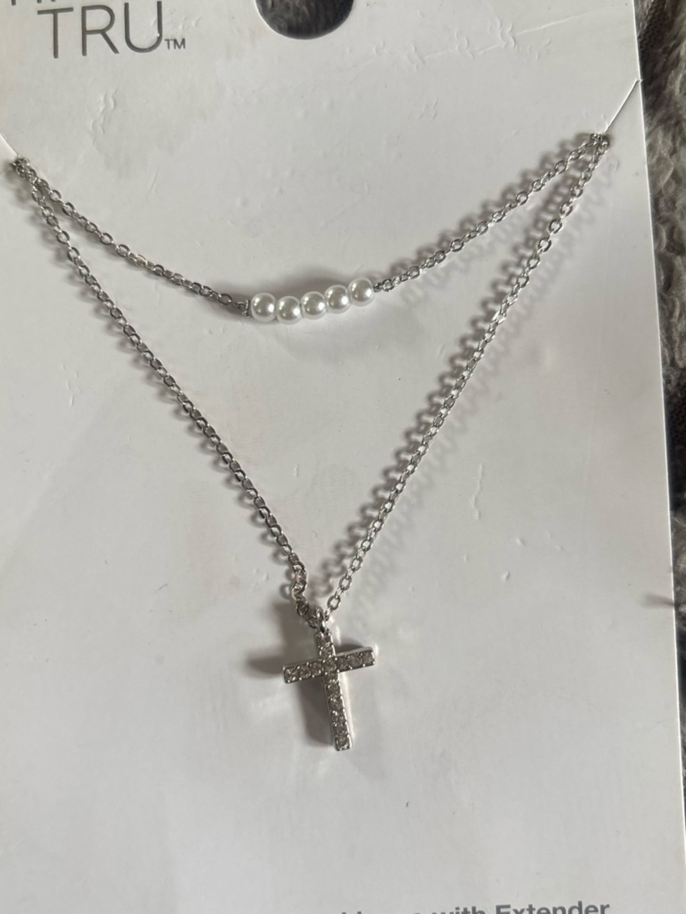 Silver-Tone Layered Cross Necklace with Pearl Accent